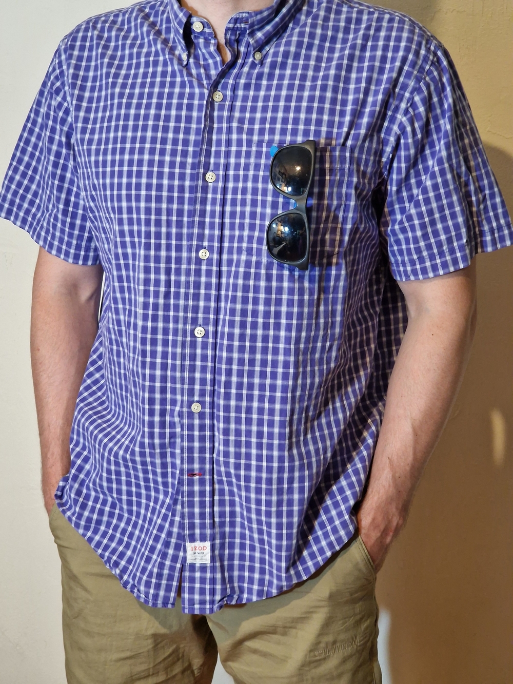 Izod Blue and White Check Short-Sleeve Button-Down Shirt